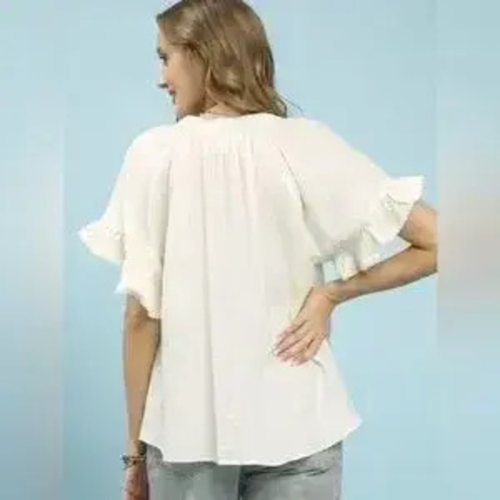 Umgee Ruffle Sleeve V-Neck Flutter Blouse - Picture 3 of 6